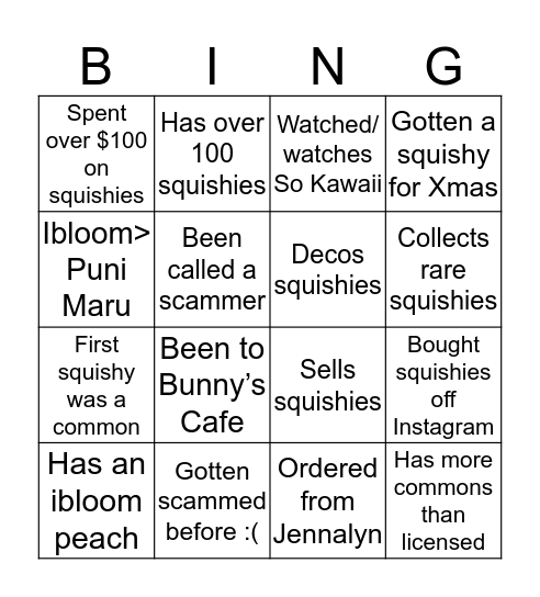 squishy bingo Card