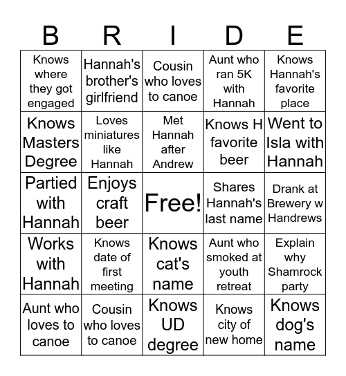 All About Hannah! Bingo Card