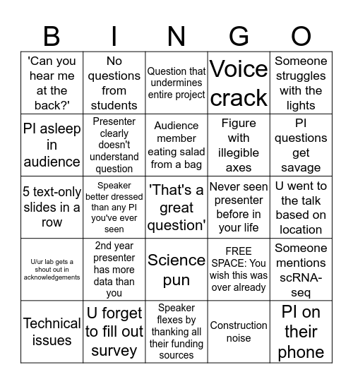 Student Seminar BINGO Card