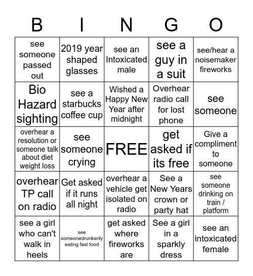 SKYTRAIN NEW YEARS EVE BINGO Card