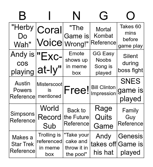 The Andysocial Network Bingo Card