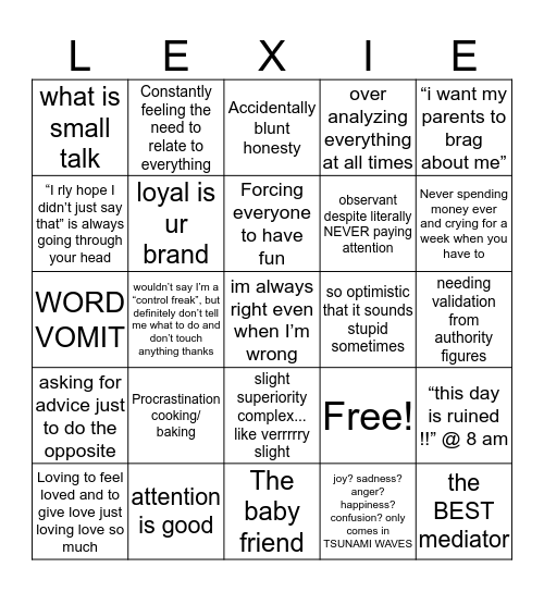 Lexie Bingo Card