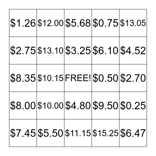 Money Bingo Card