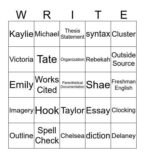 Pre-College Writing Bingo!!!!!! Bingo Card