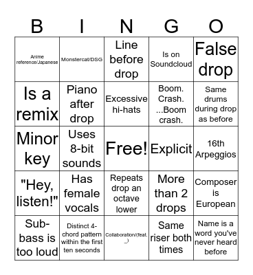 Dubstep Bingo Card