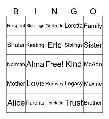 Gertie's Bingo Card