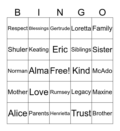 Gertie's Bingo Card