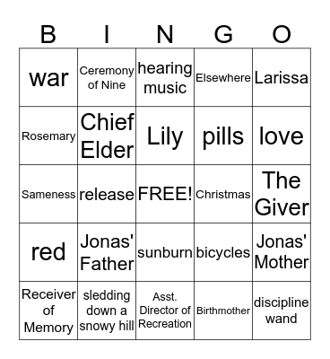 The Giver Bingo Card