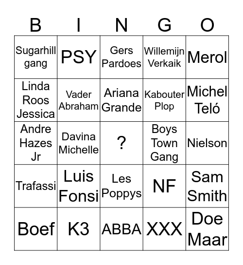 Liedjes Bingo Tres Famiglia Bingo Card