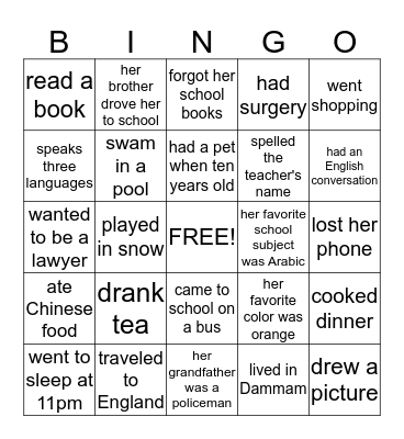 People Bingo - Past Tense Bingo Card