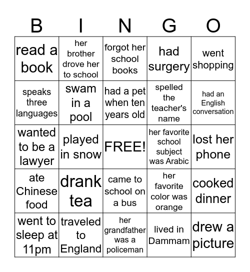 People Bingo - Past Tense Bingo Card