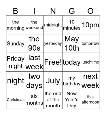 Prepositions of Time  Bingo Card