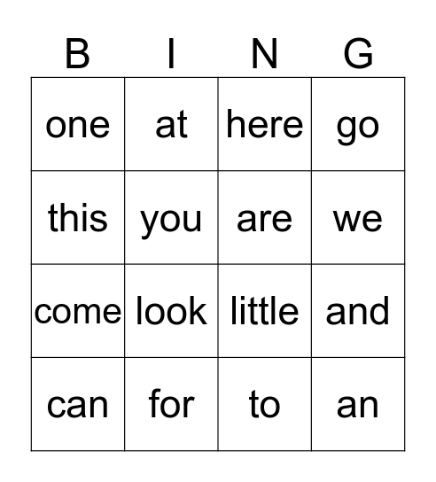 Sight Word Bingo Card