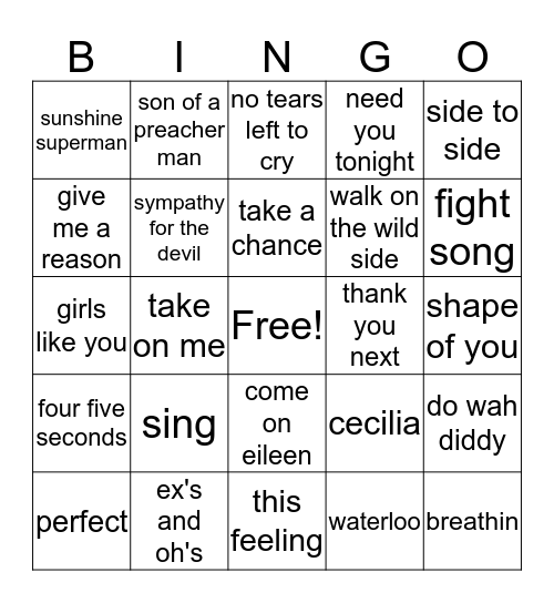 pop and classic songs Bingo Card