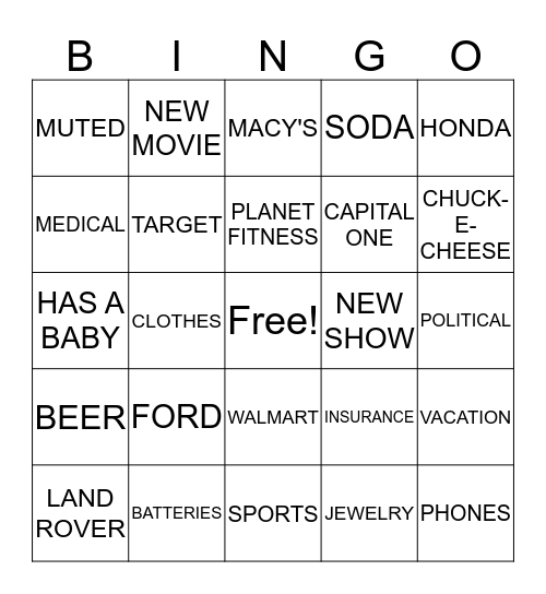 NEW YEARS COMMERCIAL Bingo Card