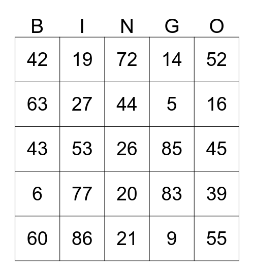 Bingo 1-90 Bingo Card