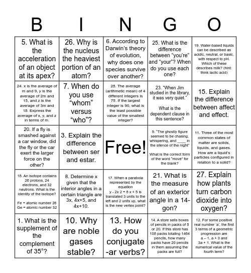 PEER TUTORS BINGO EXTRAVAGANZA!!!! Bingo Card