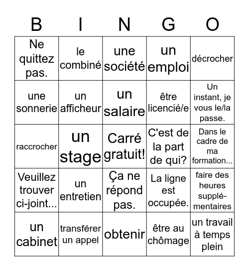 Vocabulaire 2.2 Bingo Card