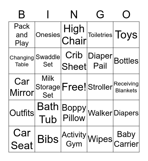 Baby Evelyn Shower Gifts Bingo Card
