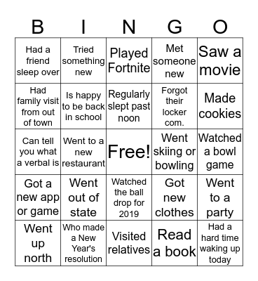 Holiday Break Bingo Card