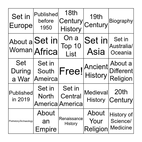Historical Non-Fiction Book/Audiobook Challenge 2019 Bingo Card