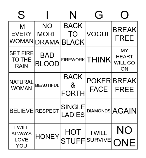 315 DIVAS ESSENTIALS #1 Bingo Card