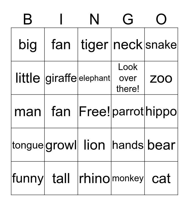 Tiger Unit 11 Bingo Card