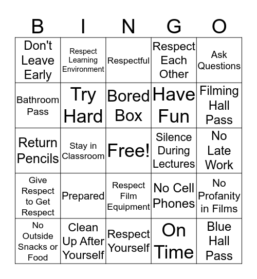 Classroom Expectations Bingo Card