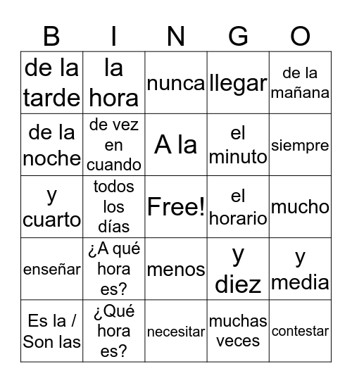 2.1 Spanish Vocabulary Bingo Card