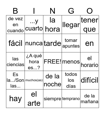 Spanish Lesson 2.1 Vocab Card Bingo Card