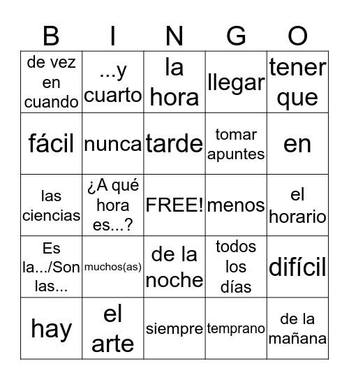 Spanish Lesson 2.1 Vocab Card Bingo Card