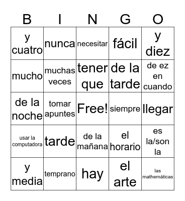 Spanish Unit 2.1 Bingo Card