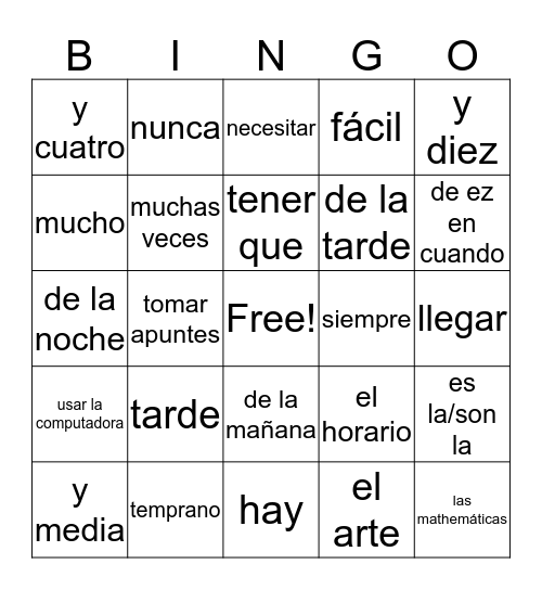 Spanish Unit 2.1 Bingo Card