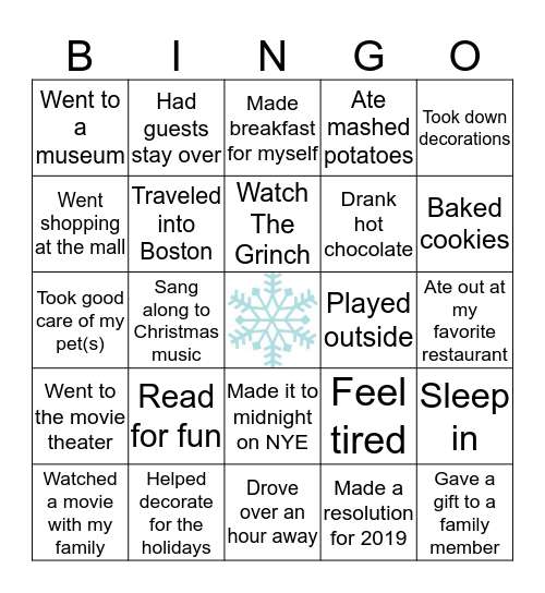 Winter Break Activities Bingo Card