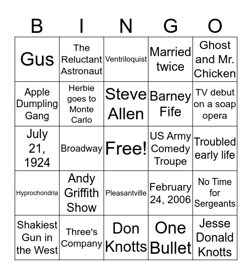Don Knotts Bingo Card