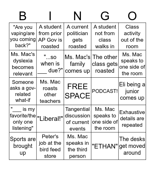 AP Gov Period 4 Bingo Card