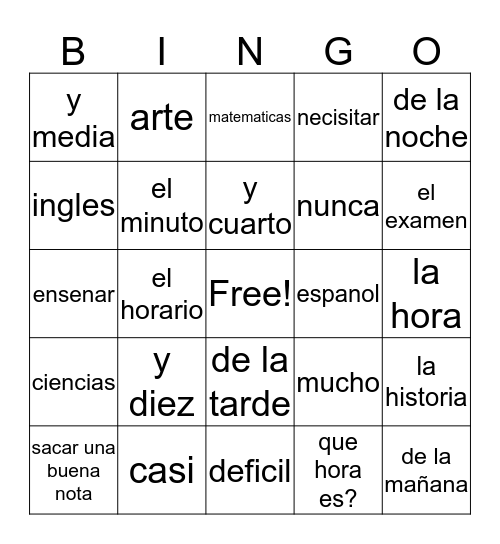 Spanish Times Bingo Card