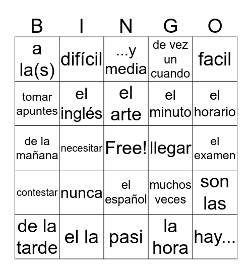 Unidad 2 Lección 1 Vocabulario Bingo Card