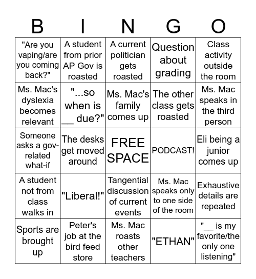 AP Gov Period 4 Bingo Card