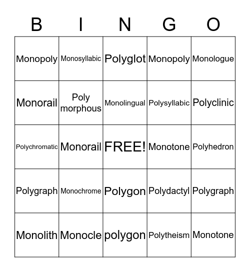 Prefixes Mono- and Poly- Bingo Card