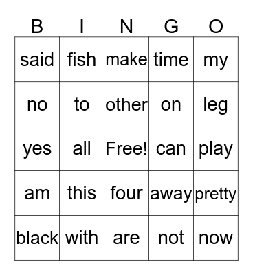 Sight words Bingo Card