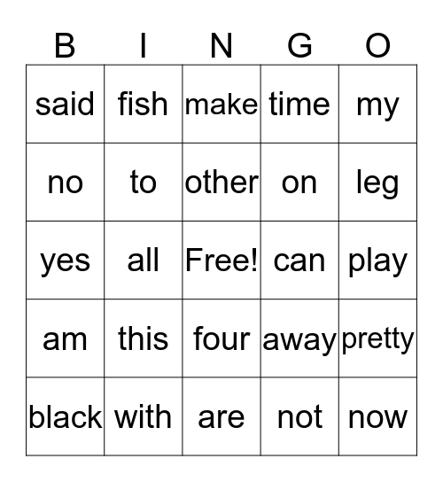 Sight words Bingo Card