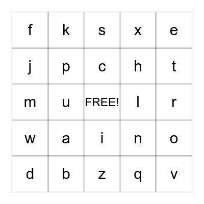 Lower  case letters recognition Bingo Card