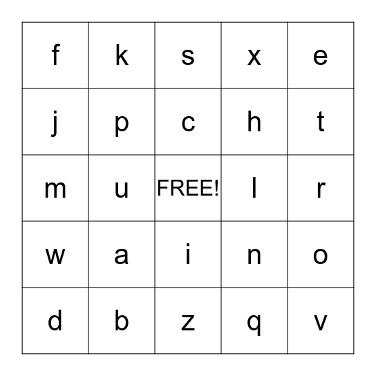 Lower  case letters recognition Bingo Card