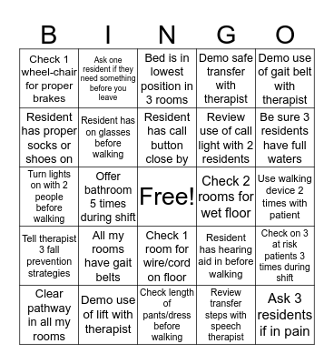 Fall Prevention Bingo Card
