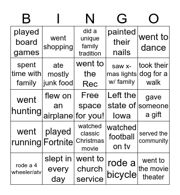 Find someone who-- Christmas Break Bingo Card