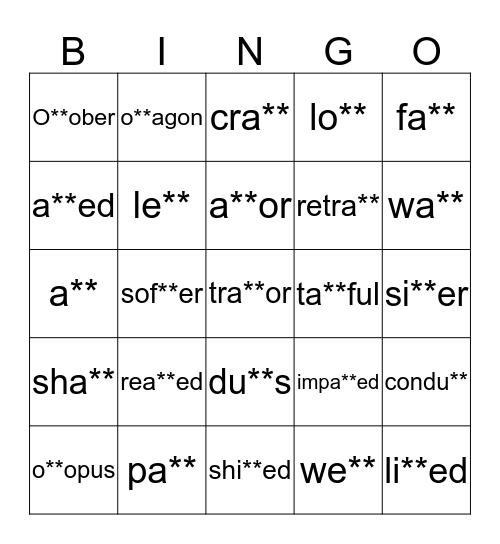 Middle and Ending Blends Bingo Card