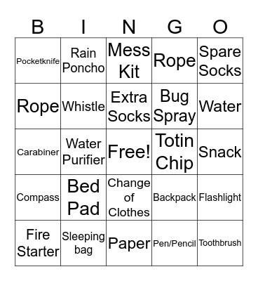 Scout Hiking Pack Supplies Bingo Card