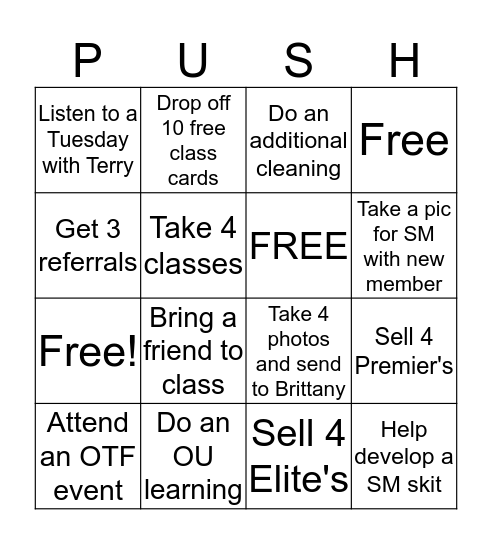 P U S H  Card Bingo Card