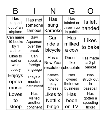 Ice Breaker BINGO Card